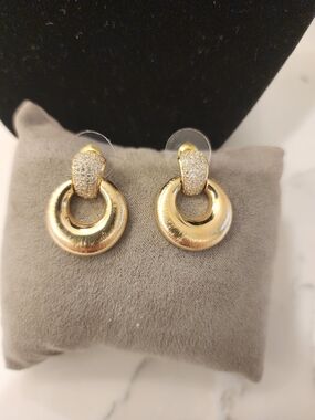 New Gold Pavé Double Ring Drop Doorknocker Grosse Earrings - Vintage 80s
